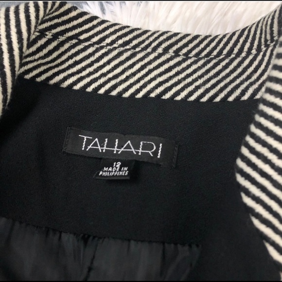 TAHARI Black & White Diagonal Stripe Wool Blend open front Blazer w Black Collar - Picture 5 of 9